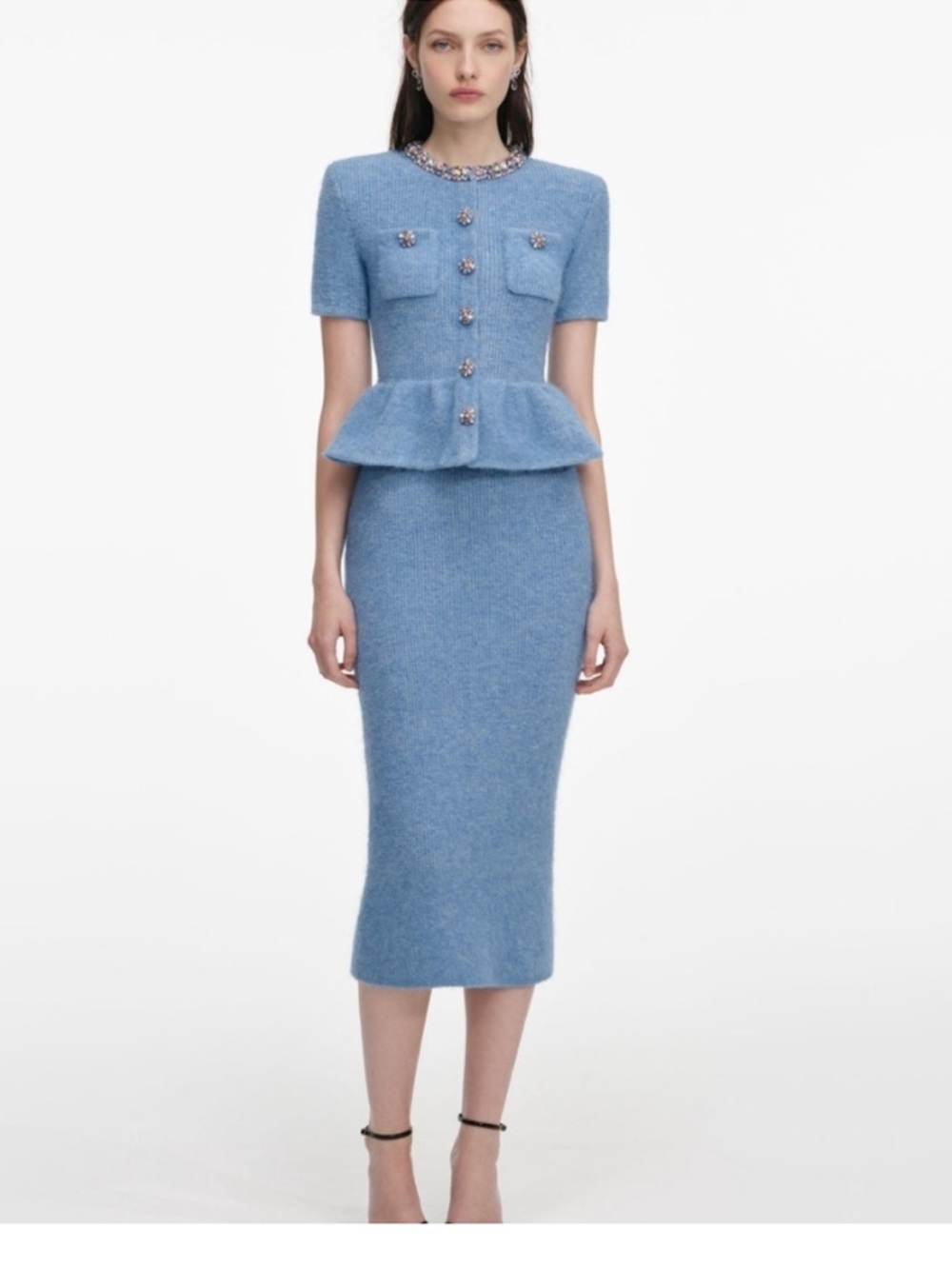 Self-Portrait Blue Peplum Knit Midi Dress